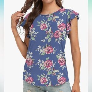 Euovmy Blue Rose Floral Ruffle Cap Sleeve Shirt size 2XL